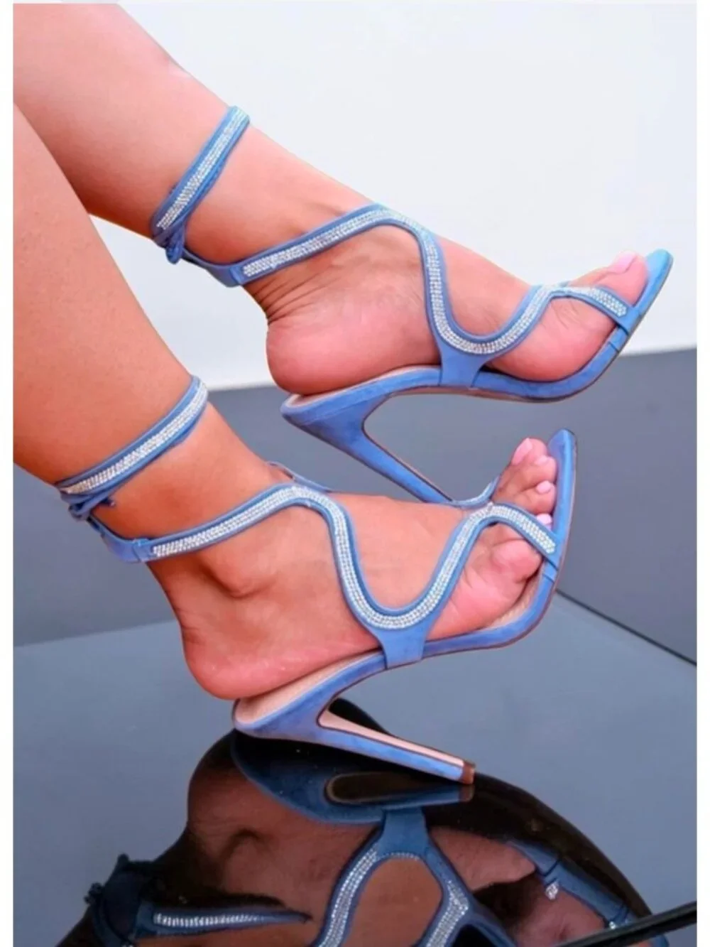 Strappy Blue High Heel Sandals With Rhinestone Detailing & Ankle Wrap Design For